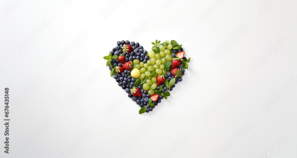 Heart symbol. Fruits diet concept. Food photography of heart made from different fruits isolated white background.