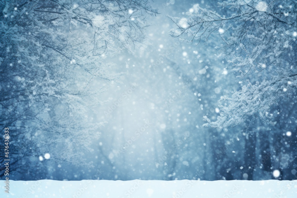 New Year's background in blue tones with snowflakes silhouette of forest trees New Year's background in blue tones with snowflakes silhouette of forest trees