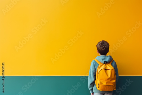 Young boy with yellow backpack against colorful wall photo