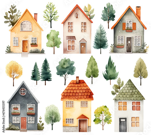 Set of watercolor scandinavian houses and trees. Cute childish buildings isolated. Trendy scandi vector elements