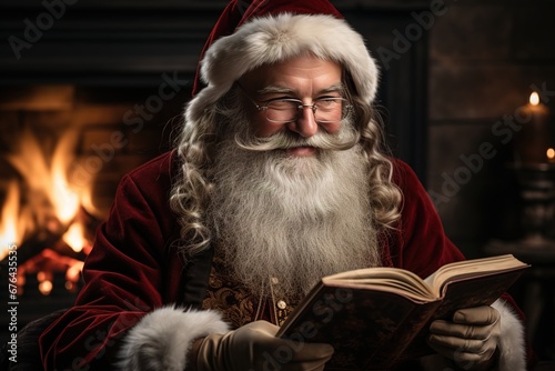 Fireside tales: Santa relaxes in a comfy chair, reading a festive story by the warmth of the fireplace
