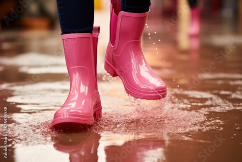 Girl in pink rain rubber boots walks through the puddles  close-up. Generative AI