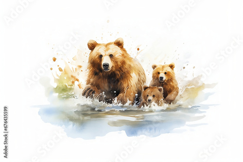Playing bears on white background, watercolor style, Generative AI