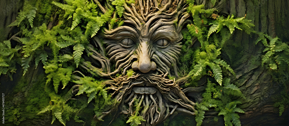 tree trunk with green man face. AI generated. - obrazy, fototapety, plakaty 