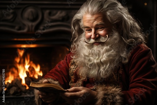 Cozy Christmas Eve: Santa Claus takes a break by the fireplace, immersed in a heartwarming book © Dejan