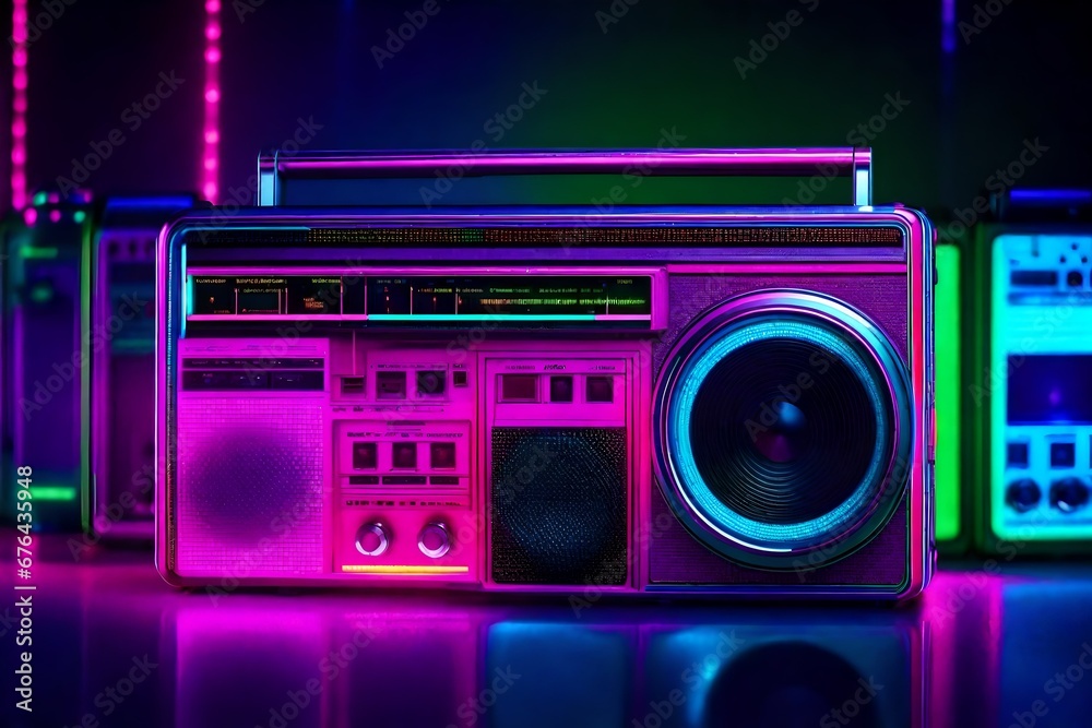 Fototapeta premium retro 80's bright glowing neon laser radio 