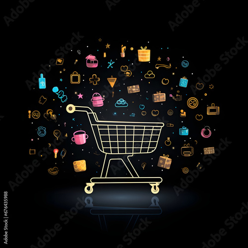 Background showing shopping carts, gifts, items to buy on black background. Black friday & Cyber Monday banner, advertising illustration.