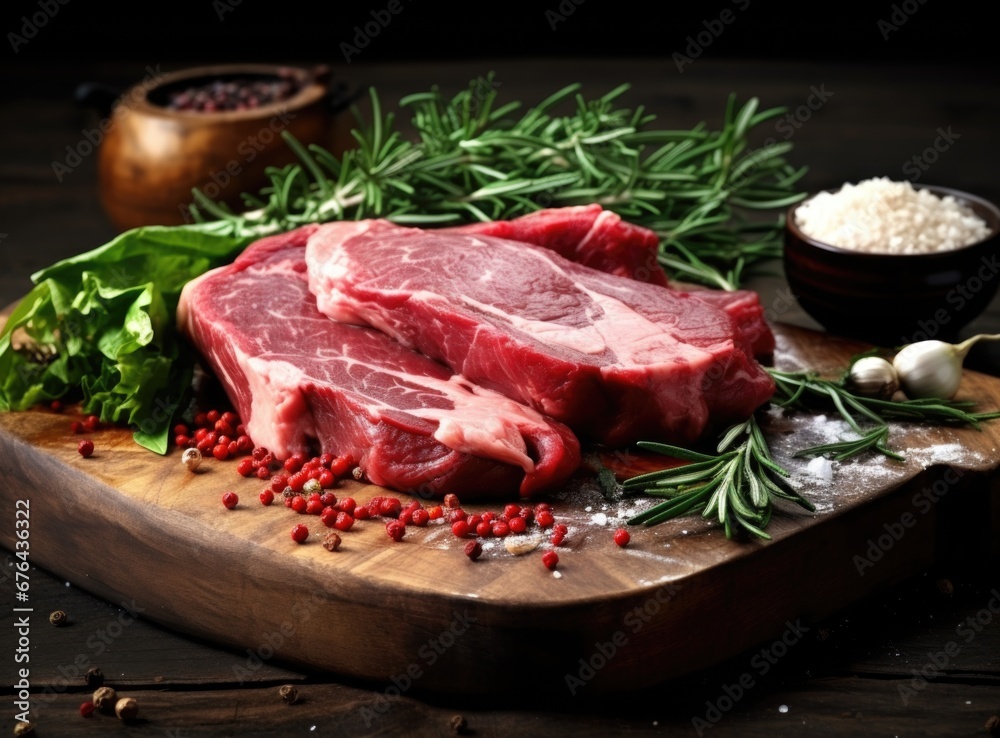 Raw beef steak with spices on a dark slate, stone or concrete background. Raw beef steak with spices on a dark slate, stone or concrete background.