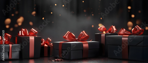 Elegantly arranged and wrapped gifts in dark paper with red ribbon bow. Dark background with fog. Black friday & Cyber Monday banner, advertising illustration. © Hawk