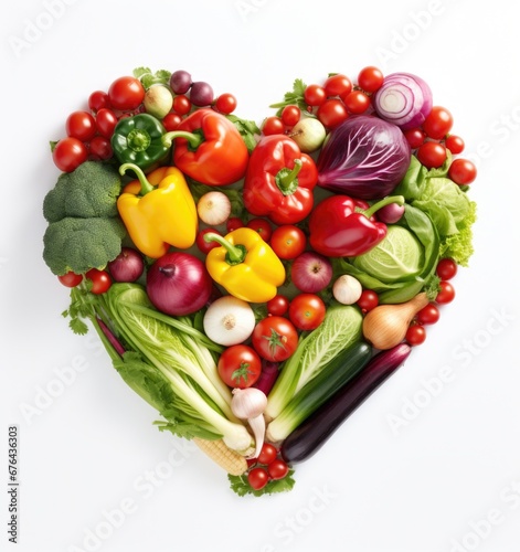 Heart symbol. Vegetables diet concept. Food photography of heart made from different vegetables isolated white background.