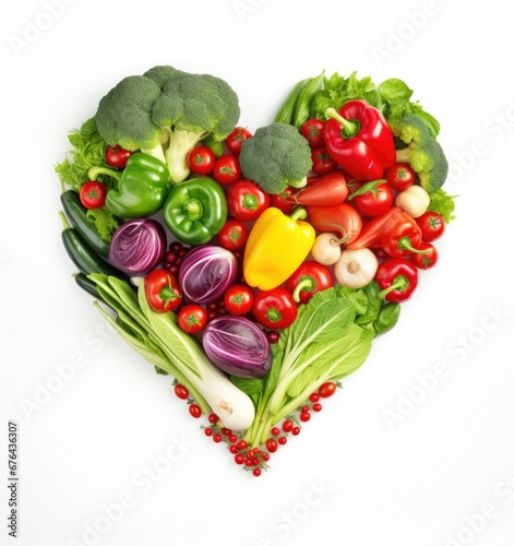 Heart symbol. Vegetables diet concept. Food photography of heart made from different vegetables isolated white background.