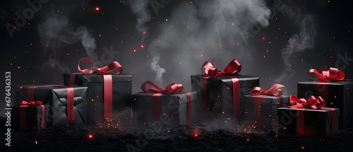 Elegantly arranged and wrapped gifts in dark paper with red ribbon bow. Dark background with fog. Black friday & Cyber Monday banner, advertising illustration.