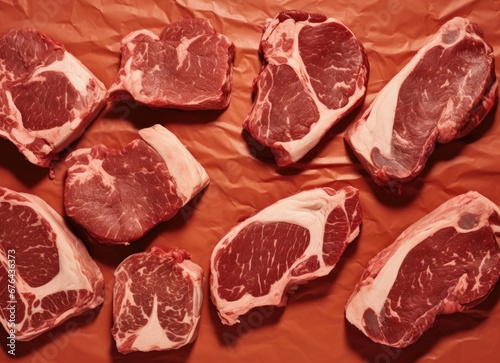 Set of various classic, alternative raw meat, veal beef steaks - chateau mignon, t-bone, tomahawk, striploin, tenderloin, new york steak.