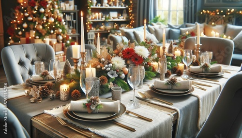 Festive and elegantly staged Christmas lunch table setting  featuring candles  seasonal centerpiece  and elegant dinnerware. 