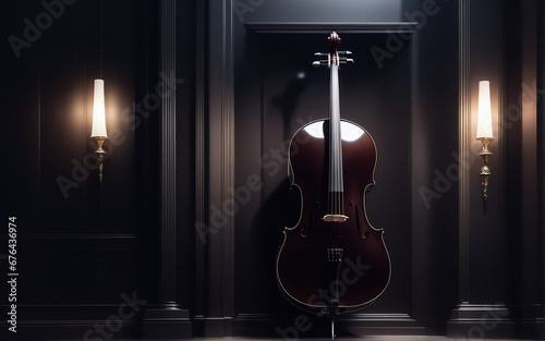 Cello in a dark room. Musical instrument. AI
