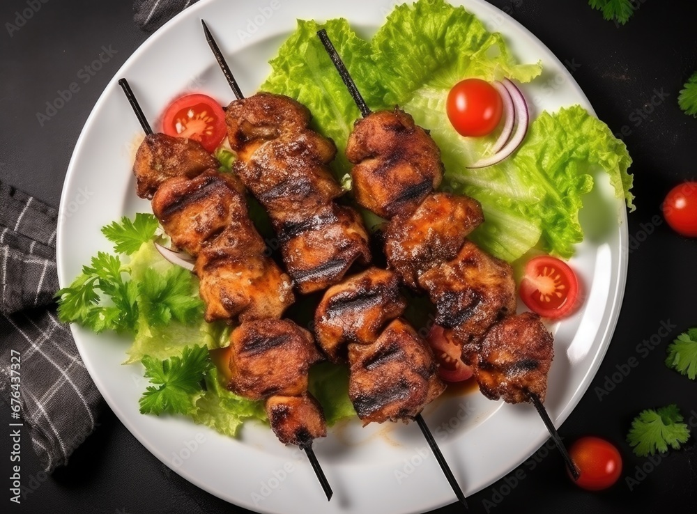 grilled chicken skewers on a white plate with tomatoes grilled chicken skewers on a white plate with tomatoes
