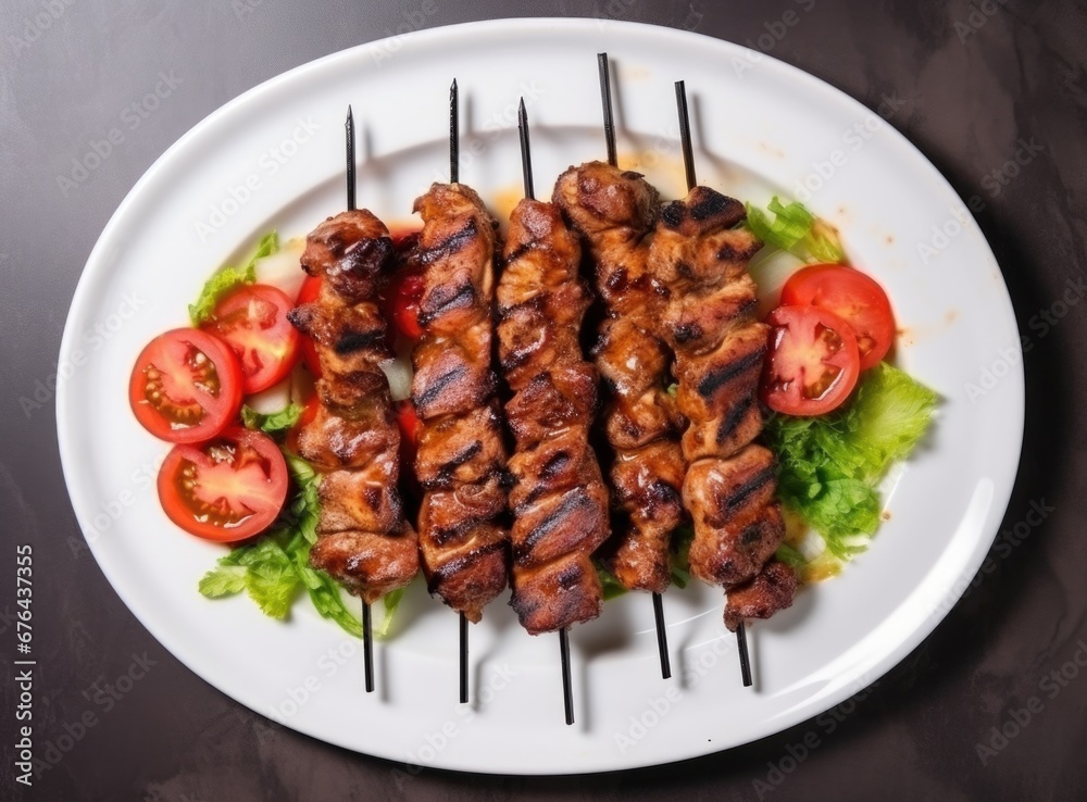 grilled chicken skewers on a white plate with tomatoes