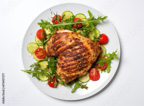 grilled chicken skewers on a white plate with tomatoes