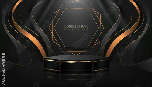 vector illustration product display and presentation creative and modern luxury geometric digital backdrop design element, black and golden color curve wave lines royal award podium background.