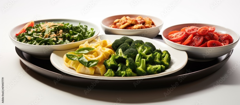 In the Asian restaurant with a white background the menu offers a variety of healthy options including green vegetables red salad and wholesome dishes prepared with a focus on health conscio In the Asian restaurant with a white background the menu offers a variety of healthy options including green vegetables red salad and wholesome dishes prepared with a focus on health conscio
