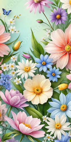 illustration  Wild spring and summer flowers on a pastel colors background. ai generative