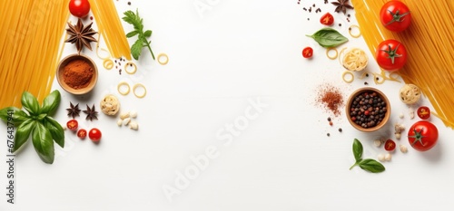 top view italian pasta ingredients on white table