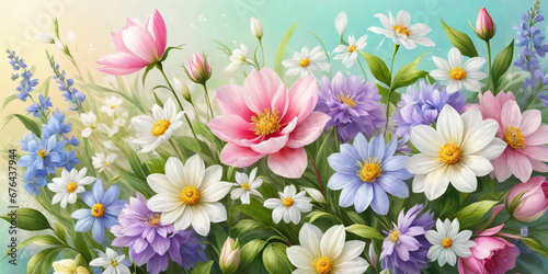 illustration  Wild spring and summer flowers on a pastel colors background. ai generative