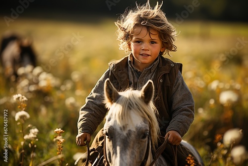 Little girl riding a horse through forest