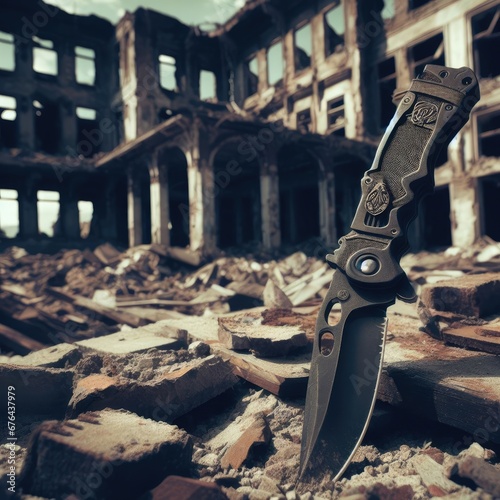 soldier knife in the middle of a destroyed building