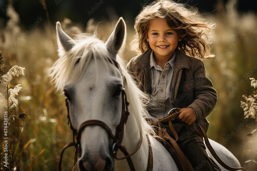 Fototapeta premium Child riding a horse through nature