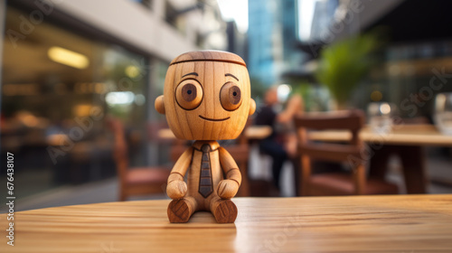 A wooden toy human sitting on top of a wooden table in urban setting.