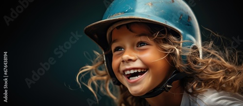 In the summer heat a happy child with blue eyes and a contagious smile wore a baseball helmet protecting their beautiful hair as they played a game of baseball The portrait captured their jo photo