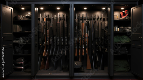 Safe for firearms. The inside of a gun cabinet. Safe storage of rifles, carbines, pistols. Black interior and gun holders. A metal gun safe. Safe storage for weapons photo