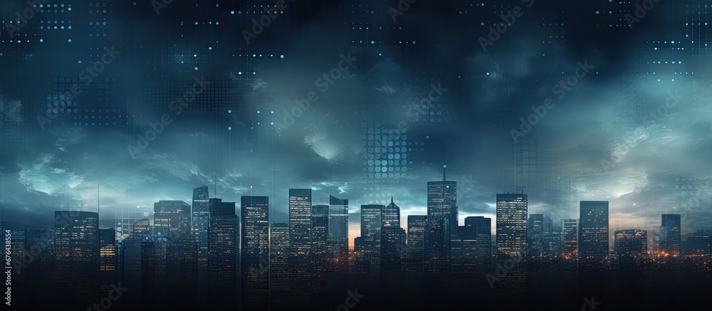 The abstract background pattern in the office represents the business concept of finance with a textured sky scene depicting a city under construction illuminated by the light from the build