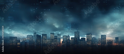 The abstract background pattern in the office represents the business concept of finance with a textured sky scene depicting a city under construction illuminated by the light from the build