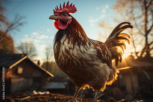 Majestic sunrise scene as a proud rooster announces the dawn in a rustic farmyard