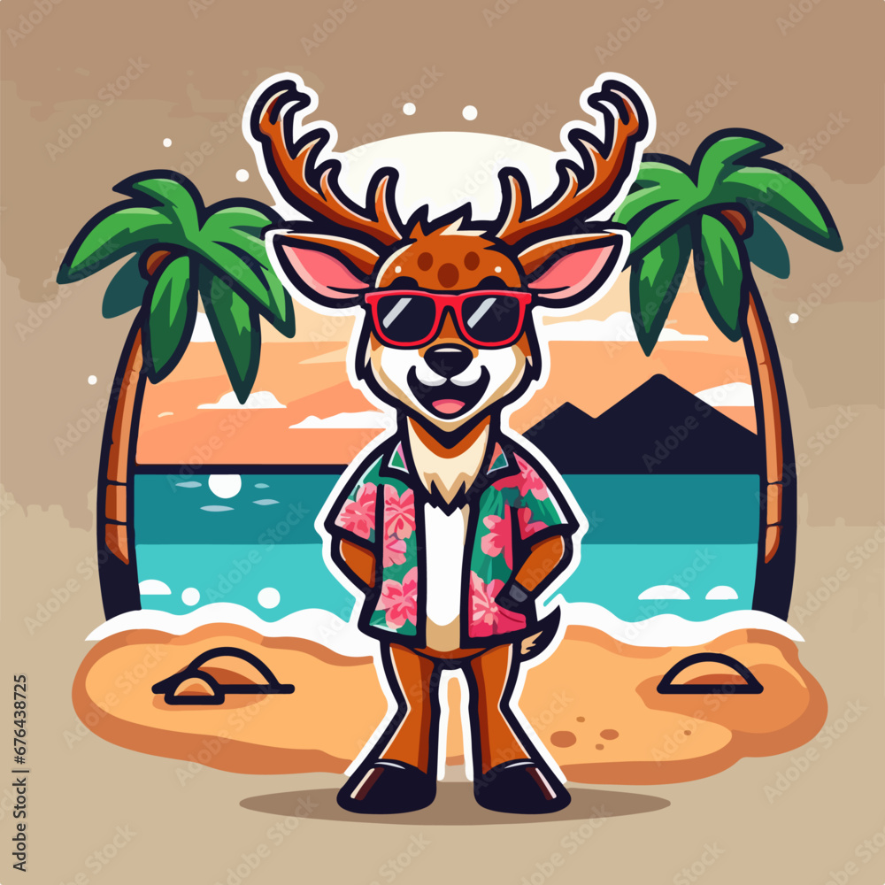 Cool Deer cartoon on the beach design, summer vibes, deer cute cartoon, Deer Cartoon on the Beach, Beach vibes, summer t shirts designs