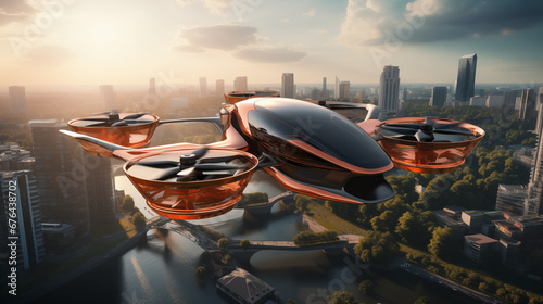 Fotografia Autonomous driverless aerial vehicle fly across city