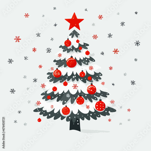 hand drawn cute christmas tree with christmas balls and falling snowflakes, Cute Christmas Tree with Ornament