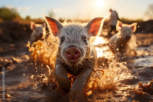 Immerse yourself in the carefree world of piglet play as they revel in the muddy fun of a sunlit day on the farm © Dejan