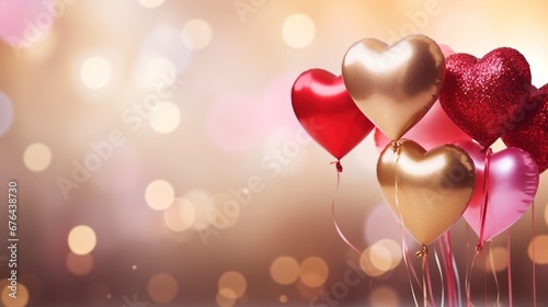 Floating Red, Pink, and Golden Heart Balloons with Blurry Bokeh Background, Birthday, Wedding Invitation, Anniversary, Valentine, Christmas Celebrations and Background, Offering Copy Space 