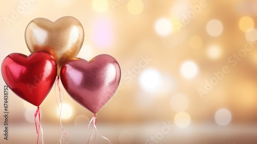 Floating Red, Pink, and Golden Heart Balloons with Blurry Bokeh Background, Birthday, Wedding Invitation, Anniversary, Valentine, Christmas Celebrations and Background, Offering Copy Space 