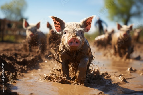 Dive into the heartwarming charm of farm life with this delightful image, as piglets joyfully frolic in the mud under the warmth of a sunny day