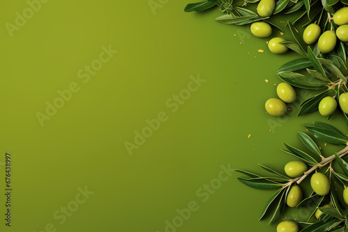 Green olives with leaves on a dark green background. Top view