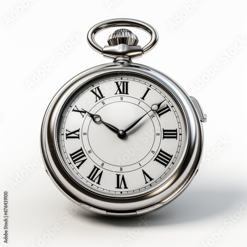 A silver pocket watch with roman numerals on the face.