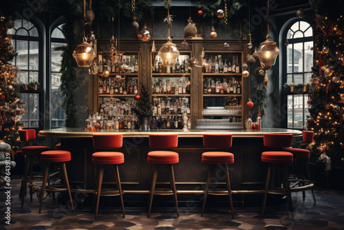 Cozy retro bar decorated for Christmas