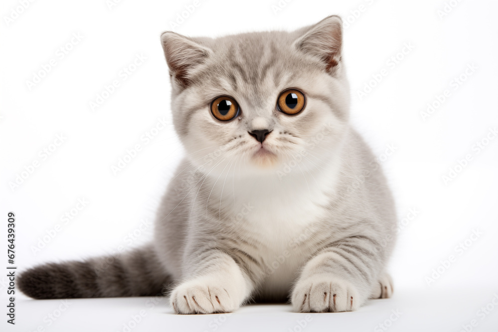 Cute Scottish Fold Cat with Striking Amber Eyes on White Background. isolated