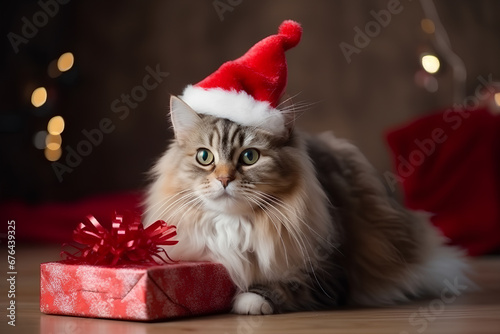 Fluffy cat in Santa Claus Christmas red hat sitting near the gift box in red wrapping paper with ribbon