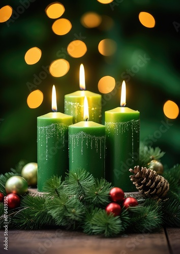 Advent wreath with candles placed on the table, lamp in the background. Pre-Christmas time. Generative AI.