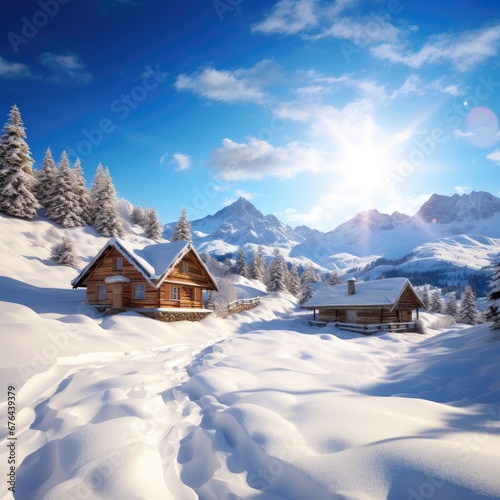 Cozy mountain hut in snowy nature. Winter country. Generative AI. © Simona